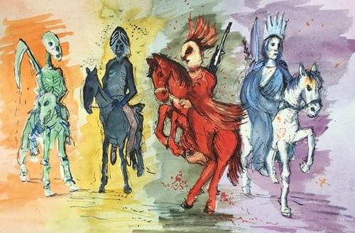 Medical Art Society President Jeanette Cayley "Four Horsemen" A study in Mixed Media