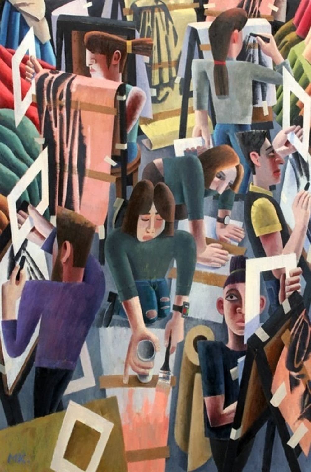 Painting of artists with viewfinders mike kirkbride